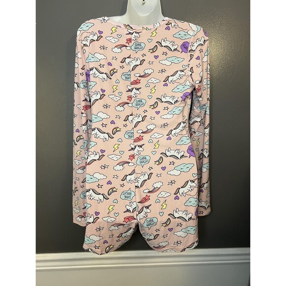 Mentally Exhausted One-piece Pajamas Womens Large Pink Unicorn Henley Drop Seat - Picture 4 of 5